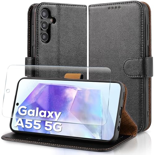 Case Collection Klapphülle für Samsung Galaxy A55 Hülle und Panzer Schutz Glas - Leder Handyhülle [RFID-Blockierung] Stoßfest [Ständer] Handy für Samsung Galaxy A55 5G Hülle