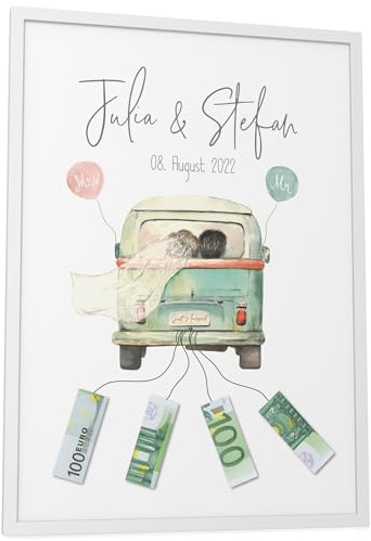 Papierschmiede® Personalisiertes Geldgeschenk Hochzeit mit Namen, Hochzeitsgeschenke für Brautpaar | A3 (30x42 cm) Poster mit Rahmen | Hochzeitsgeschenke Geld Geschenk Bild „Wedding Bully“