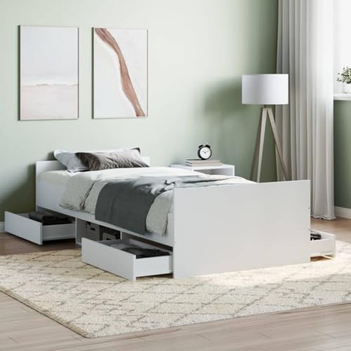 Festnight Bett Holz 100x200 cm Holzbett mit Stauraum Massivholzbett mit Fächer Bettgestell mit Lattenrost Einzelbett Doppelbett Bettrahmen Jugendbett Weiß