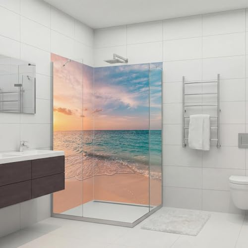 dedeco Eck-Duschrückwand wasserfest Motiv: Strand V9, UV-Lack glänzend, 2 x 80x210 cm, Badrückwand zum Fliesenersatz, als Dekorwand, Wandverkleidung und Duschplatte aus Aluminium - Made in Germany
