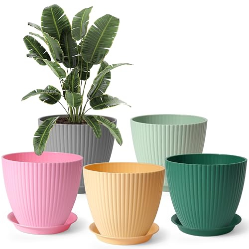 Winter Shore Stora Blomkrukor med Avrinning och Brickor (5-pack) - Inomhus- & Utomhus Runda Plastkrukor med Fat - Väderbeständiga, Frostbeständiga, UV-beständiga Krukor för Hem & Kontor - 17,5 x 15 cm