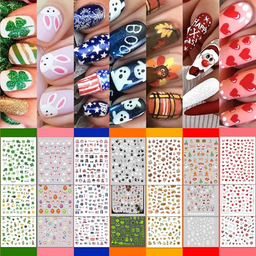 30 Sheets 7 Holiday Nail Art Stickers, Mixed Season Nail Decals Set for All Year, 3D Self-Adhesive Pegatinas Uñas Easter 4th of July Halloween Thanksgiving Christmas Valentine's St. Patrick's Day