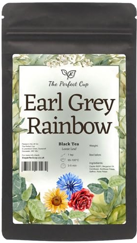 Earl Grey Rainbow Loose Leaf Black Tea with Flowers & Bergamot Oil, 50g | Sri Lankan leaves create a full-bodied citrus-floral cup with medium caffeine, ideal with lemon or honey, in a dark pouch.