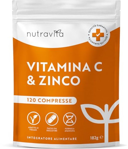 Vitamina C Pura Alto Dossagio 1000mg + Zinco 15mg – 120 Compresse Vegane - Integratori Vitamina C Zinco ad Alta Resistenza - Sostiene il Sistema Immunitario, Pelle, Ossa, Unghie, Capelli – Nutravita