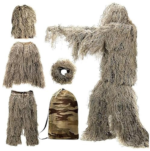 5-Teilige 3D Tarnanzug Camouflage Jagdbekleidung Tarnanzug Herren Einschließlich Jacke,Hose,Kapuze,Tragetasche Airsoft Kleidung Set für Militär,Airsoft Sniper,DryGrass-Kids