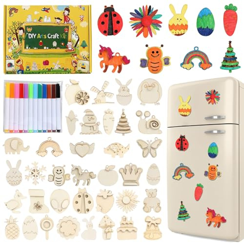 Kühlschrankmagnete Kinder, 36 Stück Magnete Tiere Mit 12 Aquarellstift, Holzbastelsets für Heimdekoration, für Alter 3-6+ Jahre Jungen Mädchen DIY Handwerk