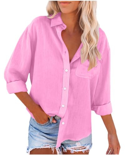 Camisa de Manga Larga Mujer Algodón y Lino Blusa Camiseta Verano Moda Color sólido Casual Cómodo Suelto Cuello en V Botones Tops Elegante T-Shirt Basic tee Talla Grande Oficina Ligero 2024