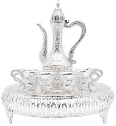 Vielrosse Vintage Türkische Kaffeekanne Set, Türkische Teekanne aus Metall mit Tablett und 6 Teegläser, Kaffeetasse Set für Home Tea Party (Silber)