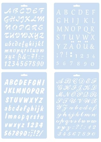 4 Stück Buchstaben Schablonen Set, Wiederverwendbare Buchstaben Schablone Schablonen Kunststoff Letter Templates Stencil für DIY Handwerk Tagebuch Fotoalbum Scrapbook Zeitplan Buch Kunst Projekte