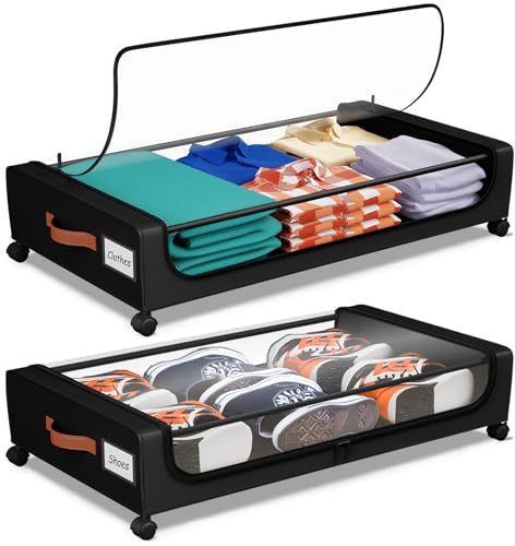 Confezione da 2 contenitori sotto il letto con ruote, grande capacità da 50 l, con coperchio trasparente e manici, contenitori portaoggetti sotto il letto, cassetti, organizer per vestiti, coperte