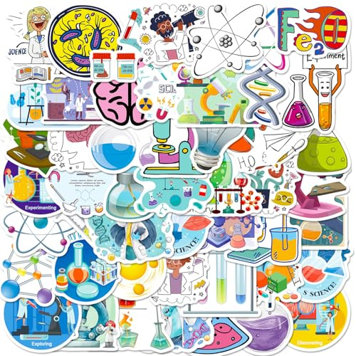 Qpout 50PCS Pegatinas de Laboratorio de Ciencias, Paquete de Pegatinas de Experimentos de QuíMica FíSica Sin RepeticióN Adecuado Para Estudiantes Adolescentes Guitarra Botella de Equipaje
