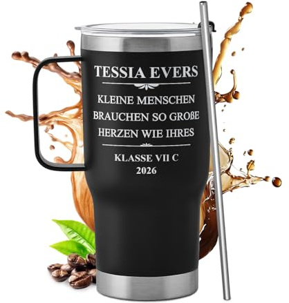 Maverton Personalisierter Thermobecher 600 ml mit Griff - schwarzer Trinkbecher mit Deckel und Strohhalm - Edelstahl Kaffeebecher to go 100% dicht - Abschiedsgeschenk Erzieherin