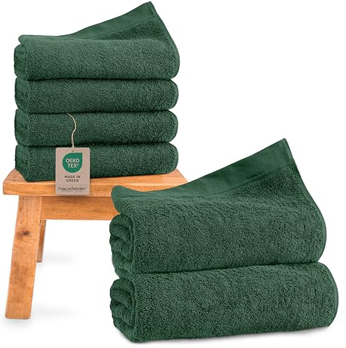 Hausfelder Handtuch Set Grün, 50x100cm, 6er Set, Dunkelgrün | Handtuch Set Grün mit Aufhängschlaufen, 2 Badetücher 70x140 + 4 Handtücher 50x100 cm