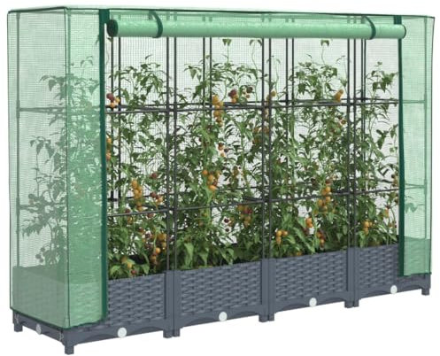 Xichuzi Hochbeet mit Gewächshaus-Aufsatz Rattan-Optik 160x40x123 cm, Palettenrahmen, Hochteich, Gemüsebeet, Kräuterregal Balkon, Blumenbeet, Kräuterspirale, Tomatenbeet, Pflanzhochbeet - 4015826