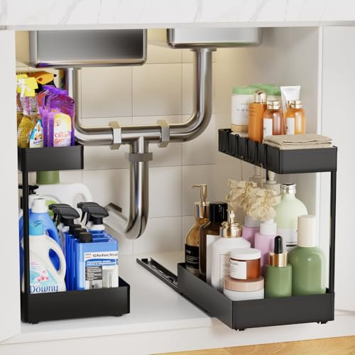 Creahaus 2 Pack Under Sink Organizer with Metal Slides, 2-Tier Kitchen Bathroom Organizers and Storage, Pull Out Cabinet Organizer for Kitchen Sink Organiser, Cupboard Storage
