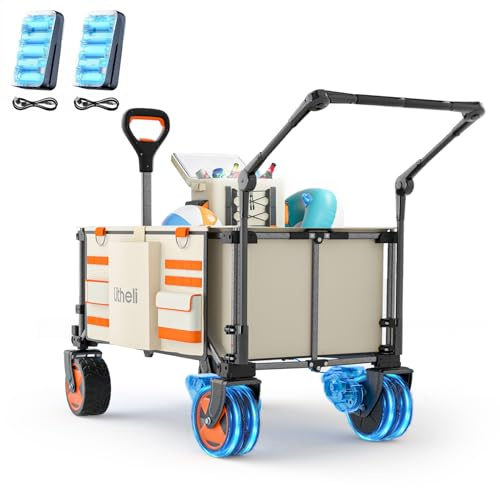 Litheli Elektrokarre Bollerwagen Faltbar, Handwagen Klappbar Doppelmotor mit Bremsen 150L 60KG Belastbar, Faltbollerwagen geeignet für Camping, Garten, Einkauf (Beige+Schubstange)