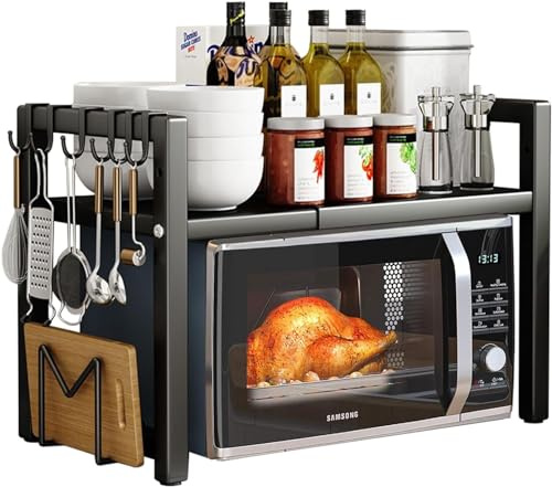 Expandable Microwave Oven Rack, Expandable Microwave Rack with 6 Hooks Adjustable Width & Height Kitchen Counter Organizer Shelf Stand, Pot Pan Grill Storage Racks, Width 40-64cm (2 Tier)