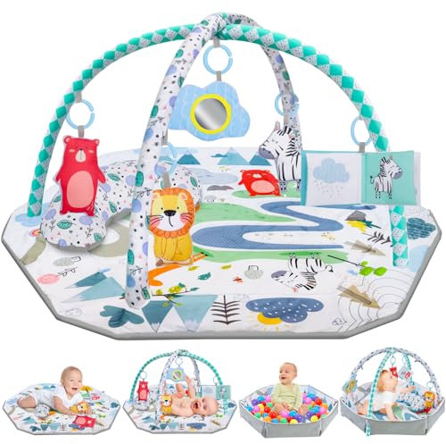6-en-1 Gimnasio De Juegos Para Bebe, Gimnasio Infantil Bebe, Alfombra de Gateo con Arco de Juego y Juguetes Sensoriales, 5 juguetes extraíbles, Juguetes para bebés de 0+ meses