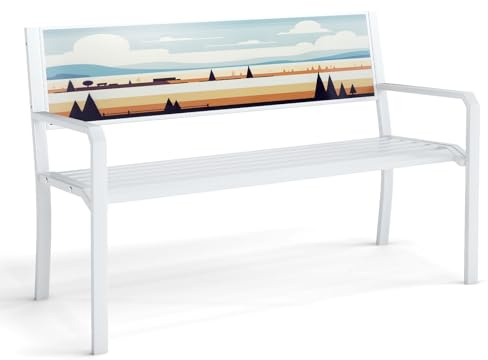 COSTWAY Panca da Giardino Decorativo Artistico in Metallo, Panchina da Esterno con Schienale Decorato, Panchina da Giardino 2-3 Posti per Terrazza (Bianco, 128 x 53 x 81,5 cm)