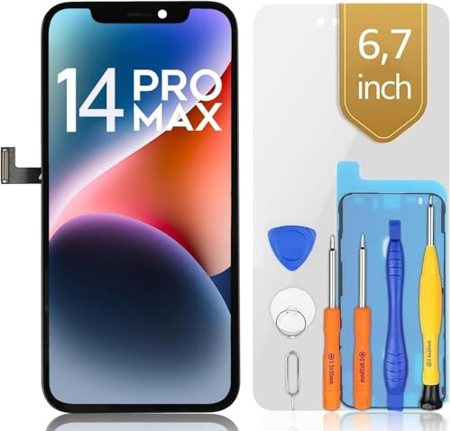 bokman Écran pour iPhone 14 Pro Max (6,7), Écran LCD de Rechange et Numériseur Tactile avec Kit d'Outils de Réparation, Remplacement Vitre Avant (Modèles A2651, A2893, A2896, A2895, A2894)