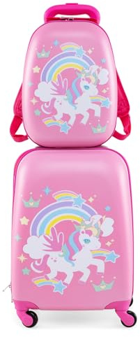 COSTWAY 2tlg Kinderkoffer + Rucksack, Kindertrolley aus Kunststoff, Kindergepäck, Kinder Kofferset Handgepäck Reisegepäck Hartschalenkoffer für Jungen und Mädchen (Mermaid, 12+16)