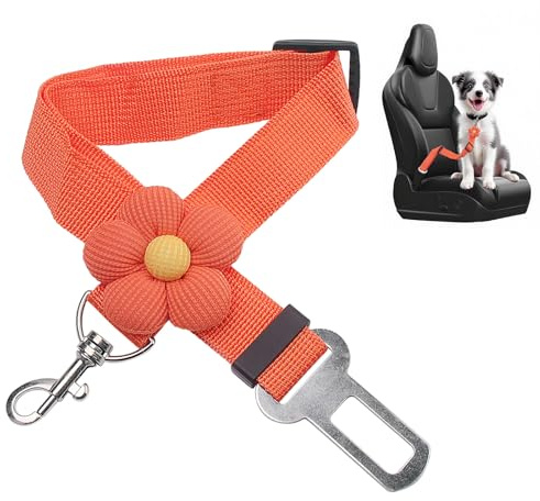 MewZoo Hunde Anschnallgurt fürs Auto, Verstellbarer Hunde Sicherheitsgurt fürs Auto, für Kleine und Mittlere Hunde und Alle Autotypen, süße kleine Blumen Haustier-Sicherheitsgurte – Orange