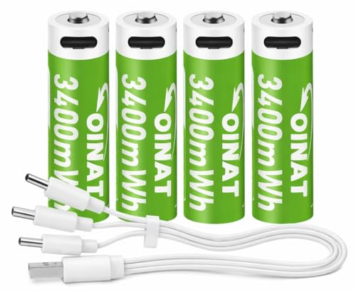 AA Eco-Friendly Rechargeable NiZn Batteries 1.6V 4-Pack – OINAT Green Energy High-Performance Batteries with USB Type-C Charging Cable, Long-Lasting & Cost-Saving