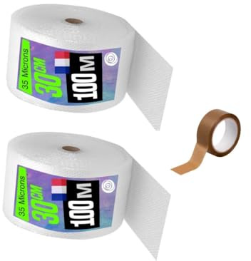 PAPIER BULLE 100m x 30cm 2x Rouleaux de papier bulle Idéal pour l'emballage, déménagement, protection, Expédition Colis,FABRIQUÉ EN FRANCE + un rouleau de ruban adhésif