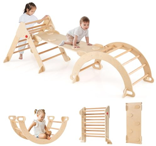 COSTWAY Kletterdreieck mit Rutsche, Kletterbogen, inkl. doppelseitige Rampe, Klettergerüst Indoor klappbar, Sprossendreieck zum Klettern, Rutschen und Wippen, Kinder Spielplatz Holz ab 3 Jahre, Natur