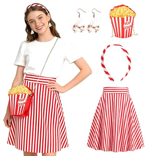PANMAY Disfraz de palomitas de maíz, 4 piezas, disfraz vintage de camarero en estilo de los años 50, falda plisada a rayas, con pendientes, diadema, carnaval, circo, cosplay, fiesta (L)