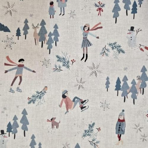 Baumwollstoff Winterfreude – Eislaufen, Schneemann & Tannenwald – Winterstoff Weihnachten Kinderstoff Deko Stoff für Nähen, Patchwork, Geschenkideen & DIY Schneespaß weihnachllich