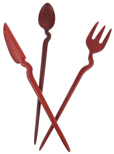 Ipetboom Lot de 3 Baguettes à Cheveux en Bois de Santal Rouge Rétro Épingles à Cheveux Chinoises Décoratives de Cuillère Couteau et Fourchette Accessoires Coiffure pour Femmes