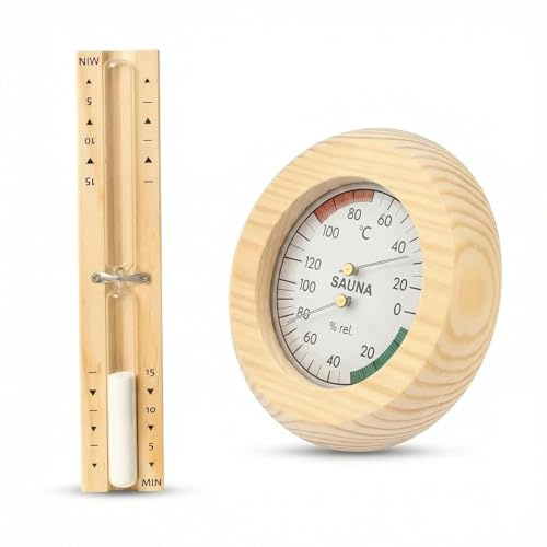 Premium 2-in-1 Sauna Thermometer Hygrometer & 15-Minute Wooden Hourglass Timer, Wall-Mounted Sauna Accessories for Steam Room, Sauna Room, Gym & Home, Easy-to-Read Temperature & Humidity Monitor