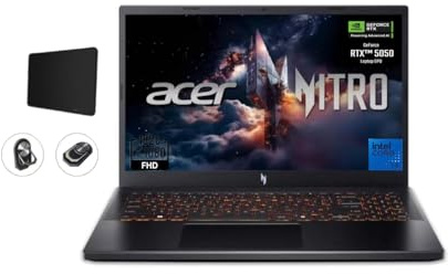 acer Nitro V Gaming Laptop, pantalla IPS FHD de 15.6 pulgadas, 165Hz, Intel i5-13420H, NVIDIA GeForce RTX 5050 con 8GB GDDR7 VRAM, 16GB RAM, 512GB SSD, BK, Win11H, negro obsidiana, accesorios TWE