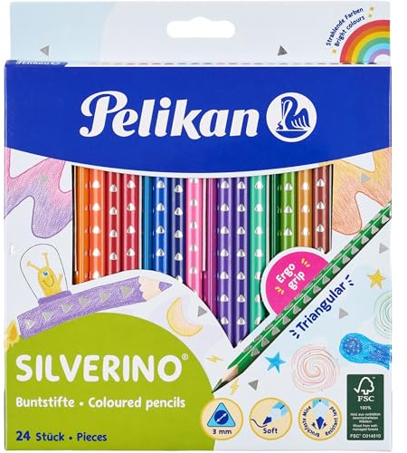 Pelikan Buntstifte-Set Silverino 12-teilig, dreieckig und dick, 12 Farben, Malstifte mit Grip und dreieckigem Schaft (1x 24er)