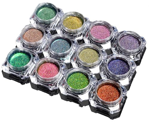 Chrom-Nagelpulver, 1 Set, 12 Farben, glitzerndes Nagel-Chrompulver für Superglanz/Spiegeleffekt, DIY-Maniküre-Kunst, Crome für Gelnägel