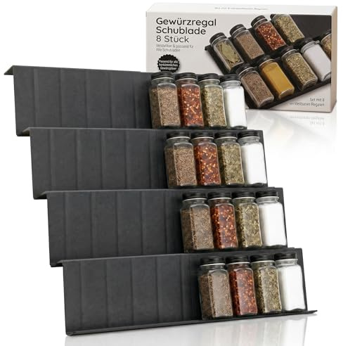 8er Pack Gewürzregal Schublade,Erweiterbares 4 Etagen Gewürz Organizer Schublade Verstellbar von 23 cm bis 46 cm,für bis zu 32 Gewürzgläser,Schubladeneinsatz Gewürze für Küche,Schrank,Regal (Schwarz)