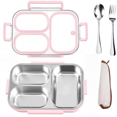 Cosblisvia lonchera con compartimentos, 3 compartimentos de acero inoxidable para adultos, niños, estudiantes para escuela, oficina, viaje, picnic, rosa, 24x17x6.5 CM