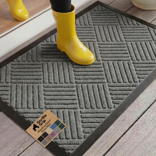 GORILLA GRIP 100% Waterproof All-Season WeatherMax Doormat US Designed Natural Rubber, Stain Fade Resistant, Low Profile Indoor Outdoor Door Mats, Easy Clean, 17x29 Gray Diamond