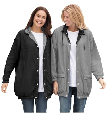 Woman Within Plus Size Fleece Nylon Reversible Jacket - 1X, Black Medium Heather Grey