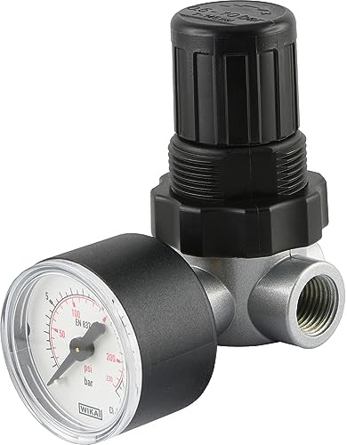 Fittingteile - Mini Druckluftregler - vordruckabhängig - 450 l/min - Druckminderer inkl. Manometer (Gewinde: G 1/4 - Druckregelbereich: 0,5-10 bar)