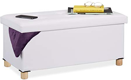 relaxdays cassapanca Panca con Contenitore, in finta pelle, Imbottita, Corridoio, Camera da Letto, HxLxP: 35 x 76 x 37 cm, Bianca, legno, gommapiuma, 1 pz