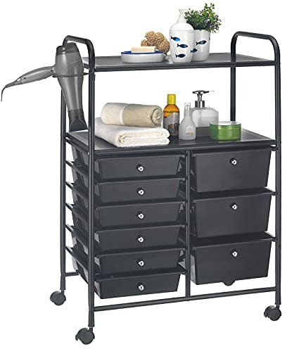 IDIMEX Badezimmerwagen Marita, praktischer Rollwagen mit 9 Schubladen, schönes Badregal in schwarz, moderner Beistellwagen mit 2 Ablageflächen