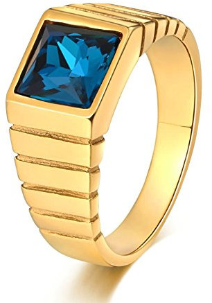 KnSam Herren Ring, Edelstahl Ringe Gravur Quadrat Aus Edelstahl Siegelring Für Herren Männer Mit Zirkonia Blau Ring Mit Kostenlos Gravur