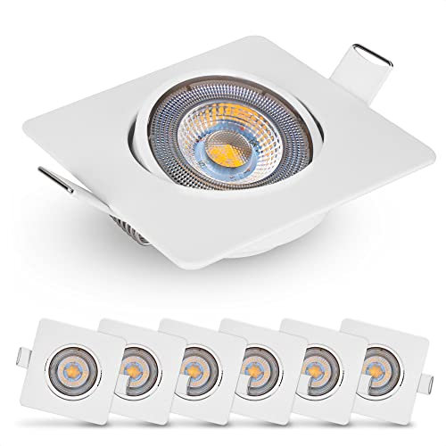 EMOS Focos LED Interior Techo 5W, 450lm | Ojos de Buey para Techo Luz Blanca Cálida 3000k | Juego de 6 Empotrables Ultraplanos Cuadrados Pivotantes 50°, Blanco