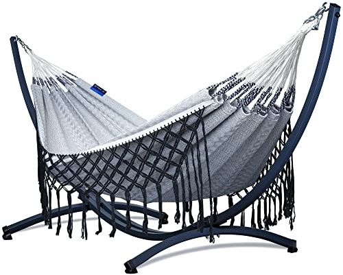 Potenza Outdoor Hängematte mit Gestell für 2 Personen I Medelin Boho- 100% Baumwolle Doppelhängematte 230x160, 200kg I Hängemattengestell 220kg, wetterfest (Basic Gestell Graphit, Grau)