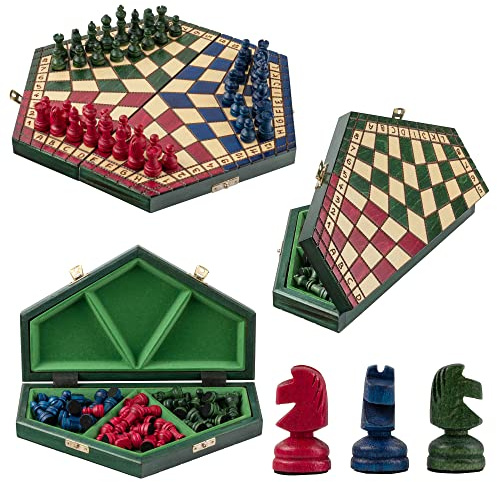 Handarbeit Bunt 3 Personen Schach | Master of Chess | Medium Chess Board 33x28 cm | Schachbrett für Kinder und für Erwachsene - Engelhart Hochwertiges Massivholz Schachspiel