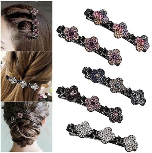 Kolibri Haarspange mit Kristallblume - 5 Stück Geflochtene Haarspange mit 3 Clips für Damen, Frauen & Mädchen - Entenschnabel Strass Doppelschicht Haarklammer