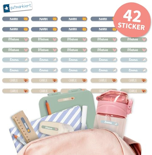 Gutmarkiert Mini Namensaufkleber für Kinder - personalisierbar mit Namen | Wasserfest - mit Symbol - Format 38x6mm - 42 Stück - für Kita - Schule und Kindergarten - für Jungen und Mädchen - Farbe