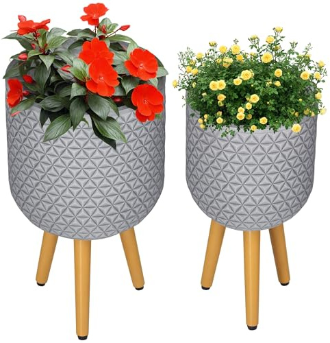 Outsunny Blumentöpfe 2er-Set, Pflanztöpfe mit Abnehmbaren Füßen, Ablauflöchern, Übertopf, Kräutertopf für Innen- und Außenbereich, MgO, Grau